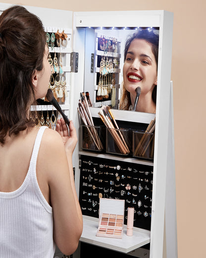 LEDREM Jewelry Cabinet, 360 Swivel Mirror Jewelry Cabinet Standing 6 LEDs, Jewelry Armoire Box Organizer with Full Length Mirror White