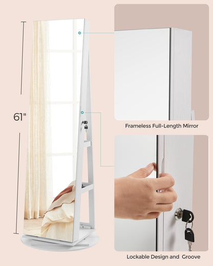 LEDREM Jewelry Cabinet, 360 Swivel Mirror Jewelry Cabinet Standing 6 LEDs, Jewelry Armoire Box Organizer with Full Length Mirror White