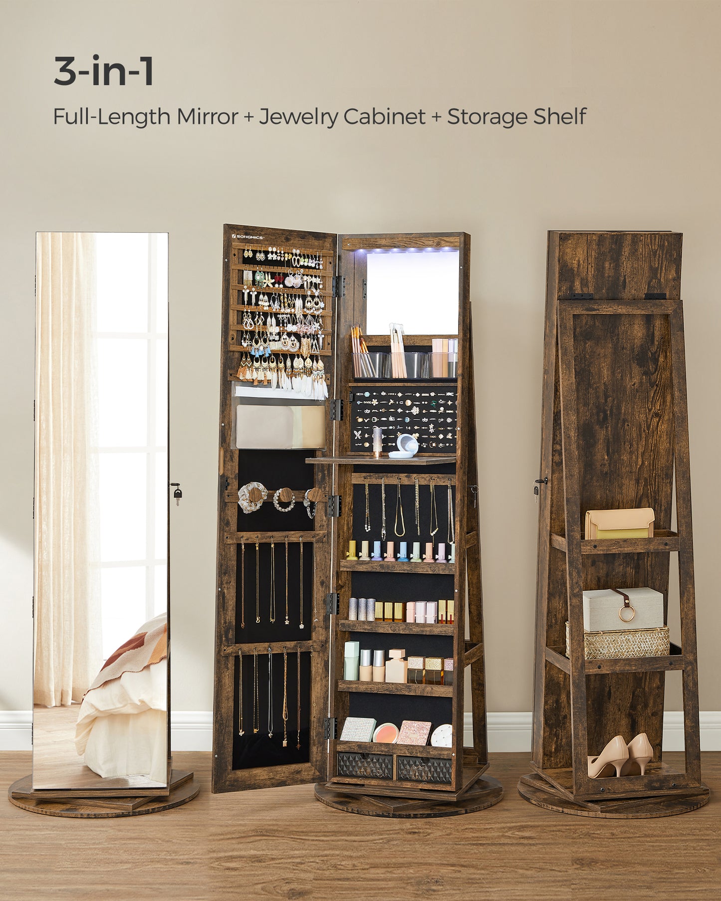 LEDREM 360° Swivel Mirror Jewelry Cabinet Standing 6 LEDs Jewelry Armoire Box Organizer with Full Length Mirror Rustic Brown