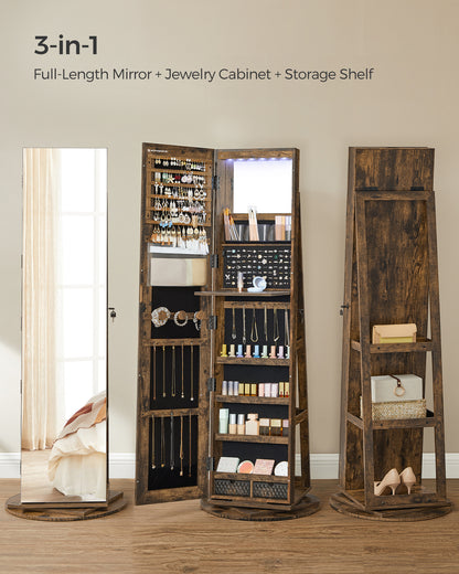 LEDREM 360° Swivel Mirror Jewelry Cabinet Standing 6 LEDs Jewelry Armoire Box Organizer with Full Length Mirror Rustic Brown
