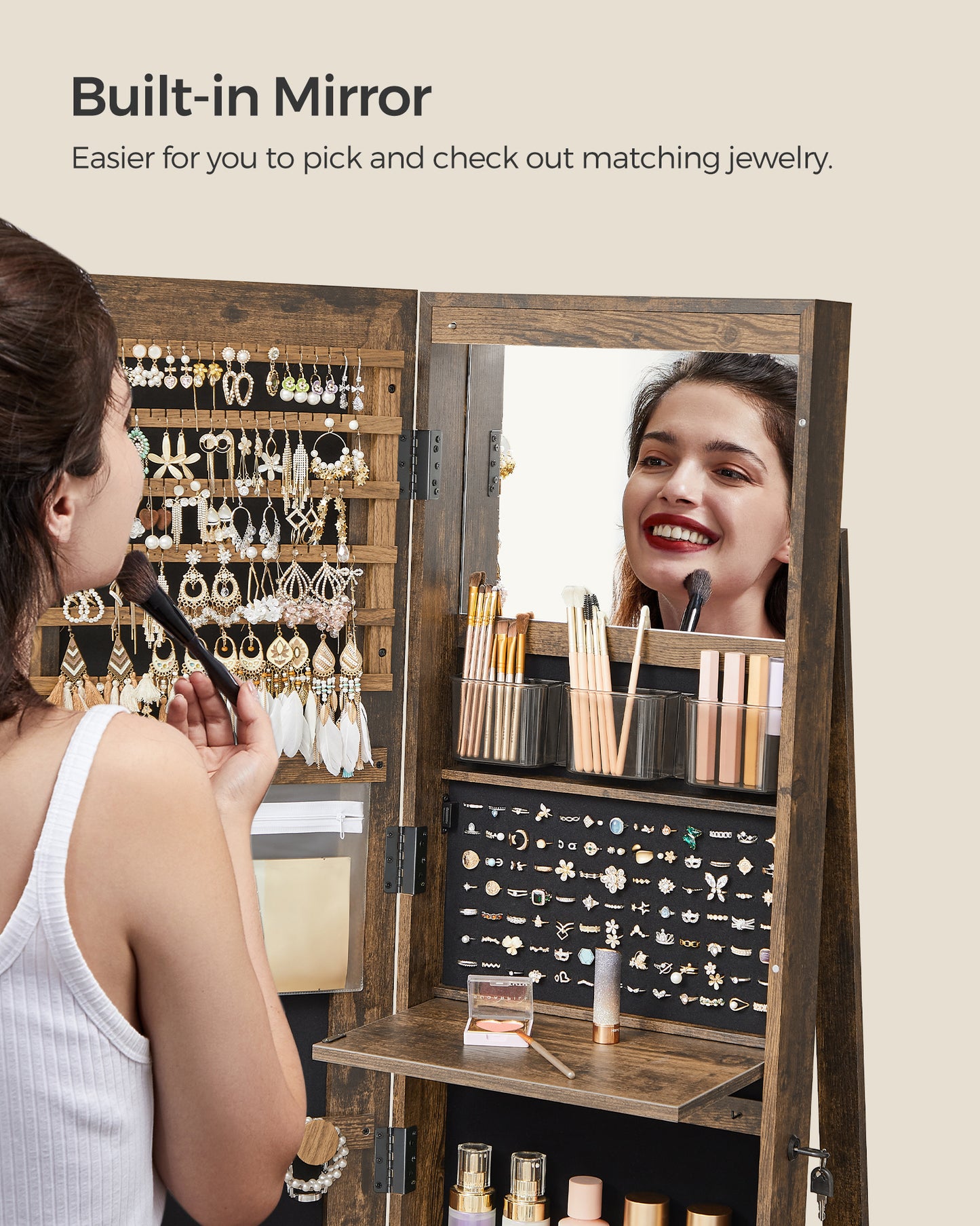 LEDREM 360° Swivel Mirror Jewelry Cabinet Standing 6 LEDs Jewelry Armoire Box Organizer with Full Length Mirror Rustic Brown