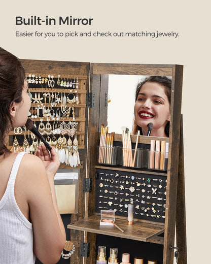 LEDREM 360° Swivel Mirror Jewelry Cabinet Standing 6 LEDs Jewelry Armoire Box Organizer with Full Length Mirror Rustic Brown