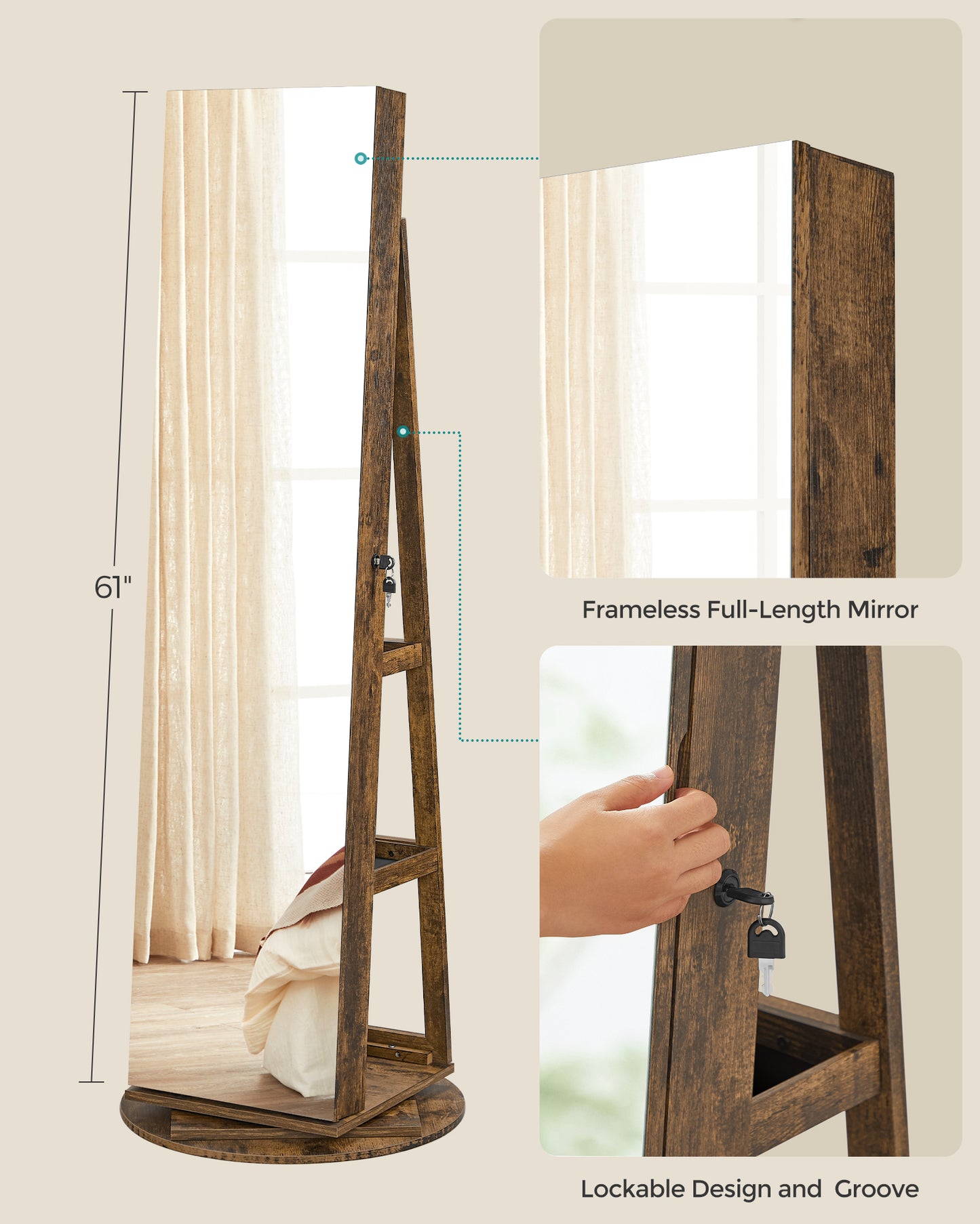 LEDREM 360° Swivel Mirror Jewelry Cabinet Standing 6 LEDs Jewelry Armoire Box Organizer with Full Length Mirror Rustic Brown