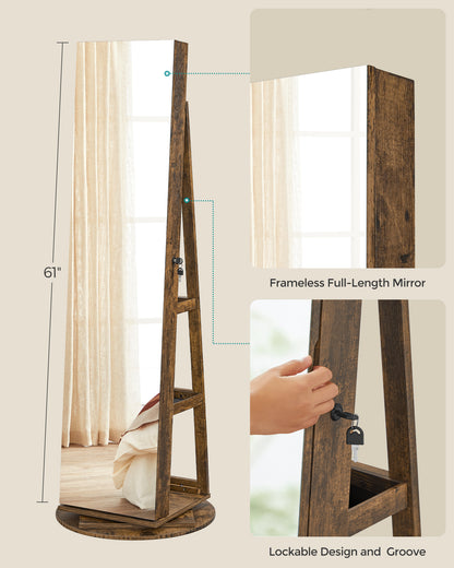 LEDREM 360° Swivel Mirror Jewelry Cabinet Standing 6 LEDs Jewelry Armoire Box Organizer with Full Length Mirror Rustic Brown