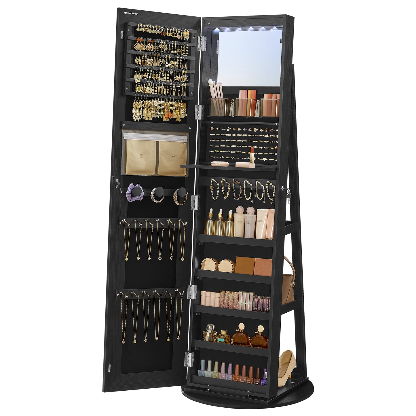 SONGMICS LED Mirror Jewelry Cabinet Standing Jewelry Armoire Organizer Box with Full-Length Mirror