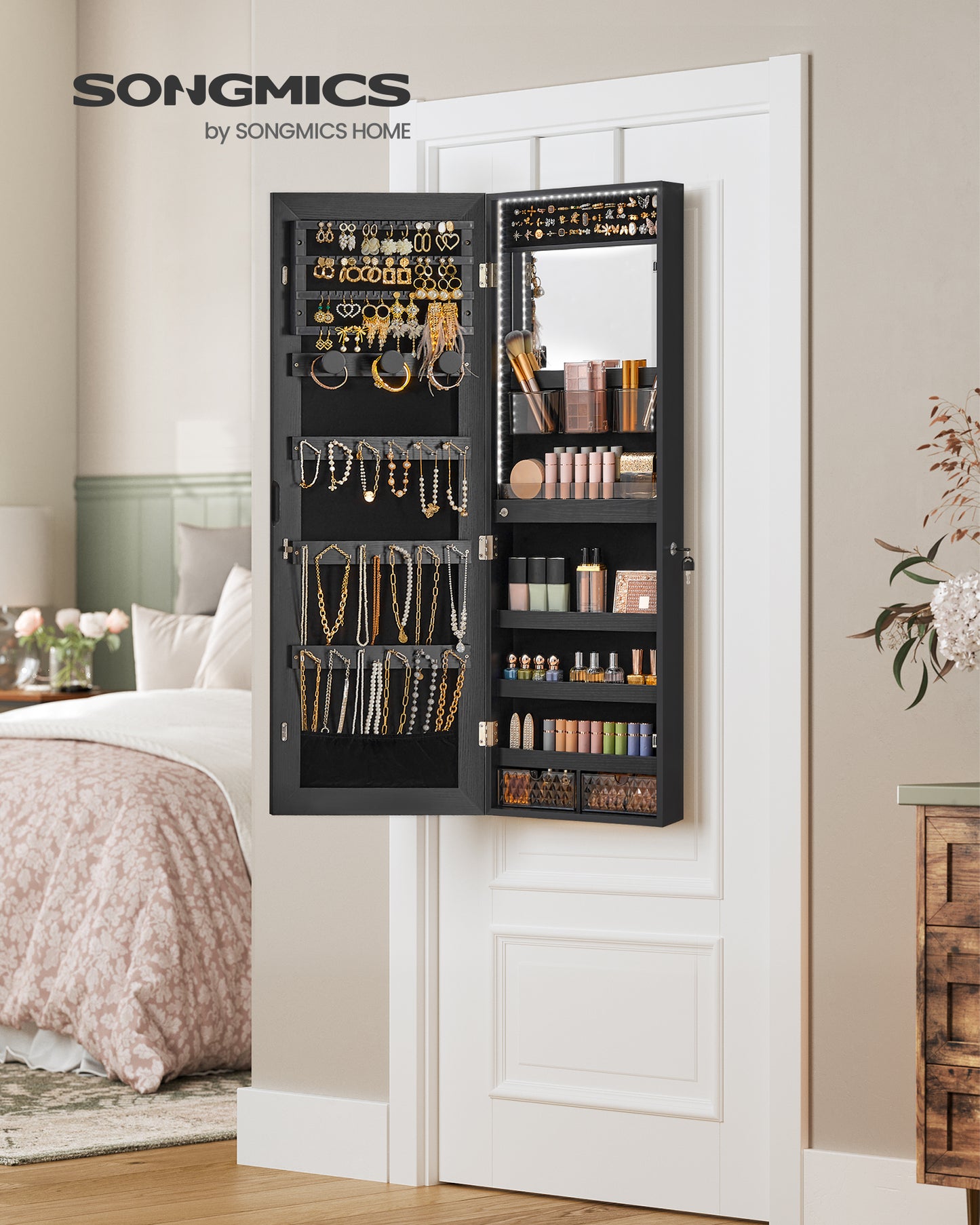 SONGMICS Mirrored Jewelry Cabinet Wall/Door Mount Jewelry Armoire Organizer Makeup Storage Cabinet Box w/ Full Length Frameless Lighted Built-in Makeup Mirror 2 Drawers Lockable Black