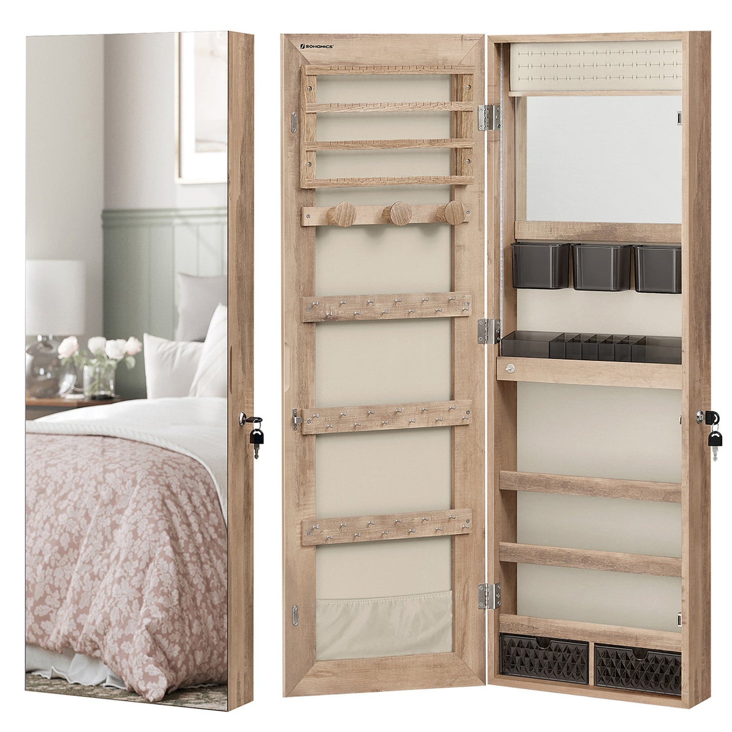 SONGMICS Jewelry Cabinet Armoire Organizer with LED Lights Wall-Mounted Storage Cabinet with Full-Length Frameless Mirror Built-in Makeup Mirror Camel Brown