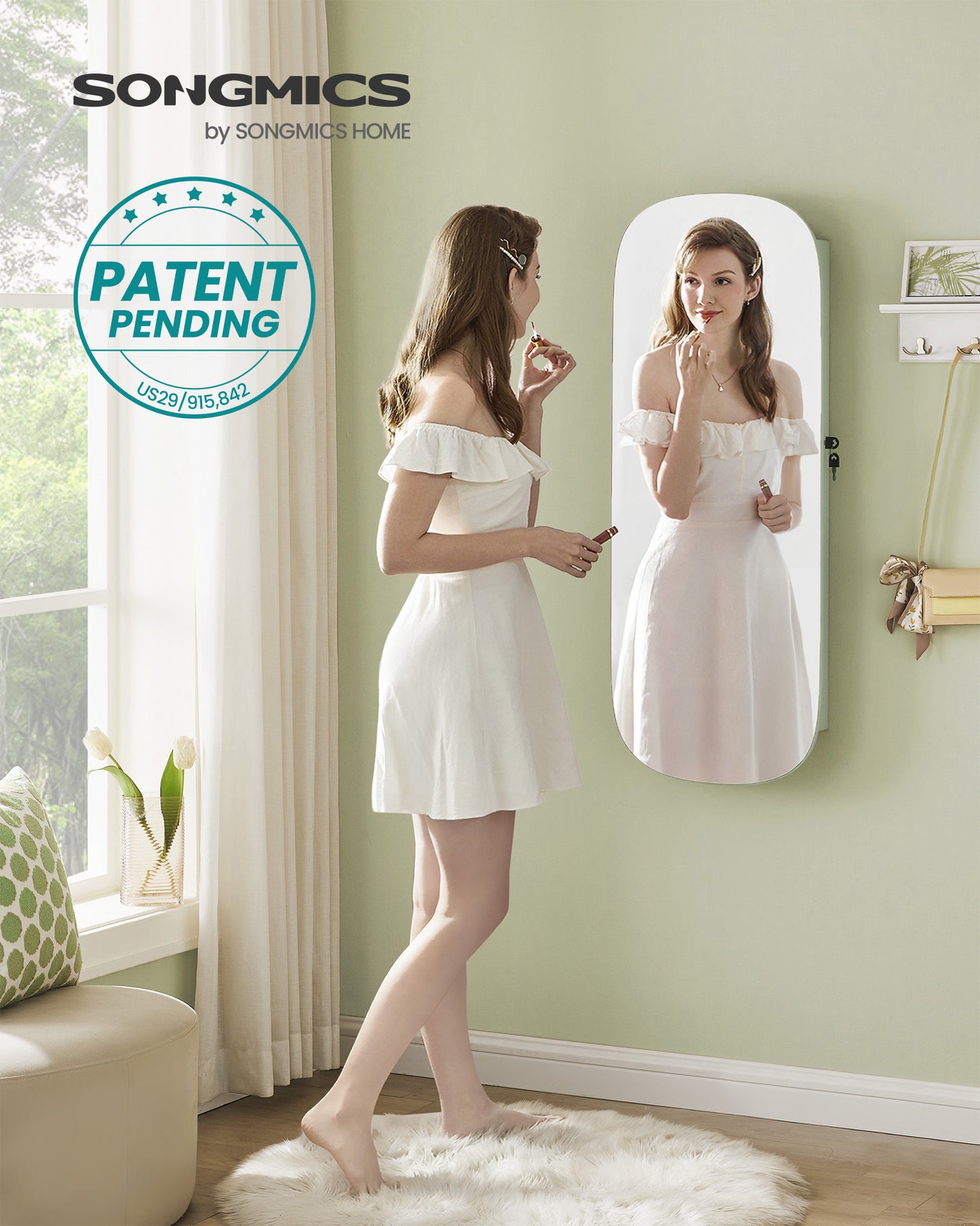 Armoire Jewelry Cabinet, Hanging Mirror Jewelry Organizer, Lockable Wide Storage for Bedroom, Green