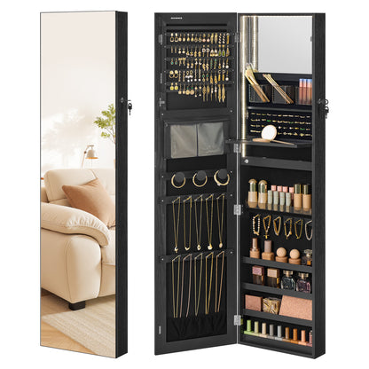 SONGMICS 55 Inches Tall Spacious Jewelry Cabinet, Jewelry Armoire with Light-Up Interior Mirror, Wall or Door Mounted, Lockable, Gift Idea, Black