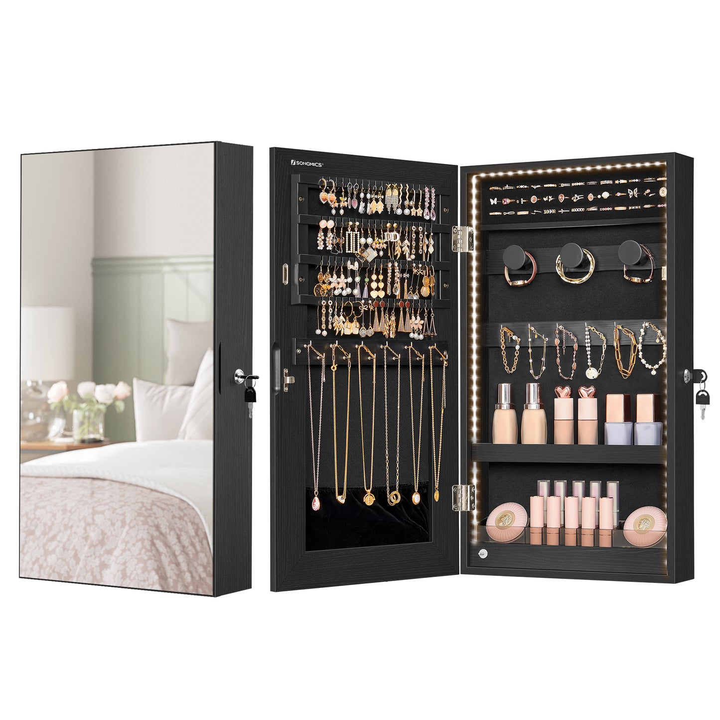 SONGMICS Mirror Jewelry Cabinet Armoire with Built-in LED Lights Wall or Door Mounted Jewelry Storage Organizer Hanging Mirror Cabinet Black