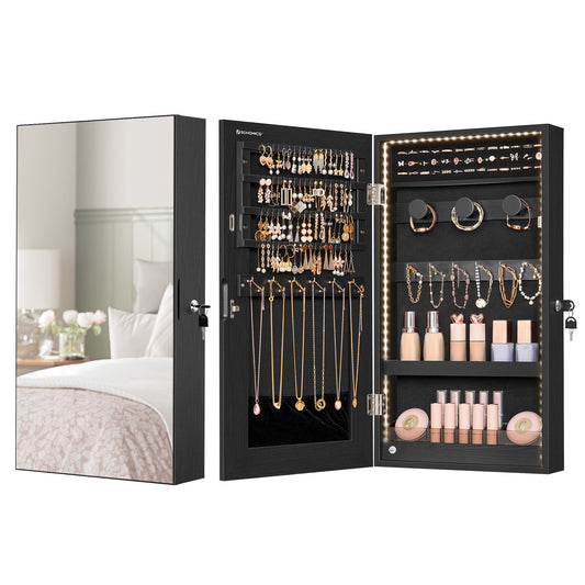 SONGMICS Mirror Jewelry Cabinet Armoire with Built-in LED Lights Wall or Door Mounted Jewelry Storage Organizer Hanging Mirror Cabinet Black