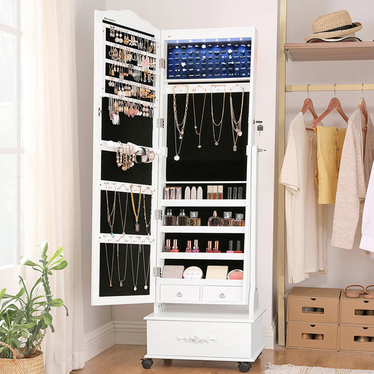 SONGMICS Lockable Freestanding Jewelry Cabinet with Wheels, with LED Lights, Mirror, White