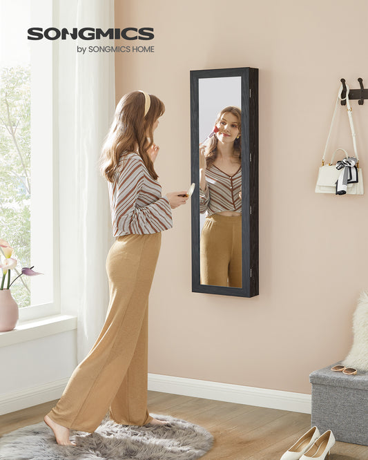 6 LEDs Mirror Jewelry Cabinet 47.2-Inch Tall Lockable Wall or Door Mounted Jewelry Armoire Organizer with Mirror Black