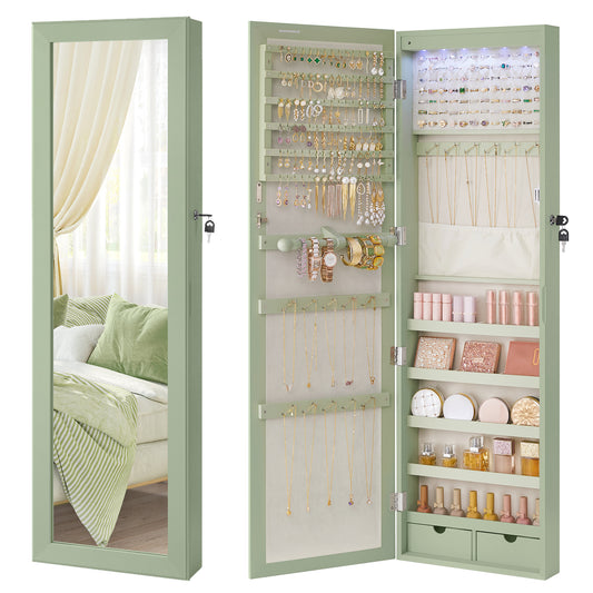 Wall Mount Jewelry Cabinet with LED Lights and Full-Length Mirror, 47.2 Inch Lockable Armoire Organizer with 2 Drawers, Laurel Green
