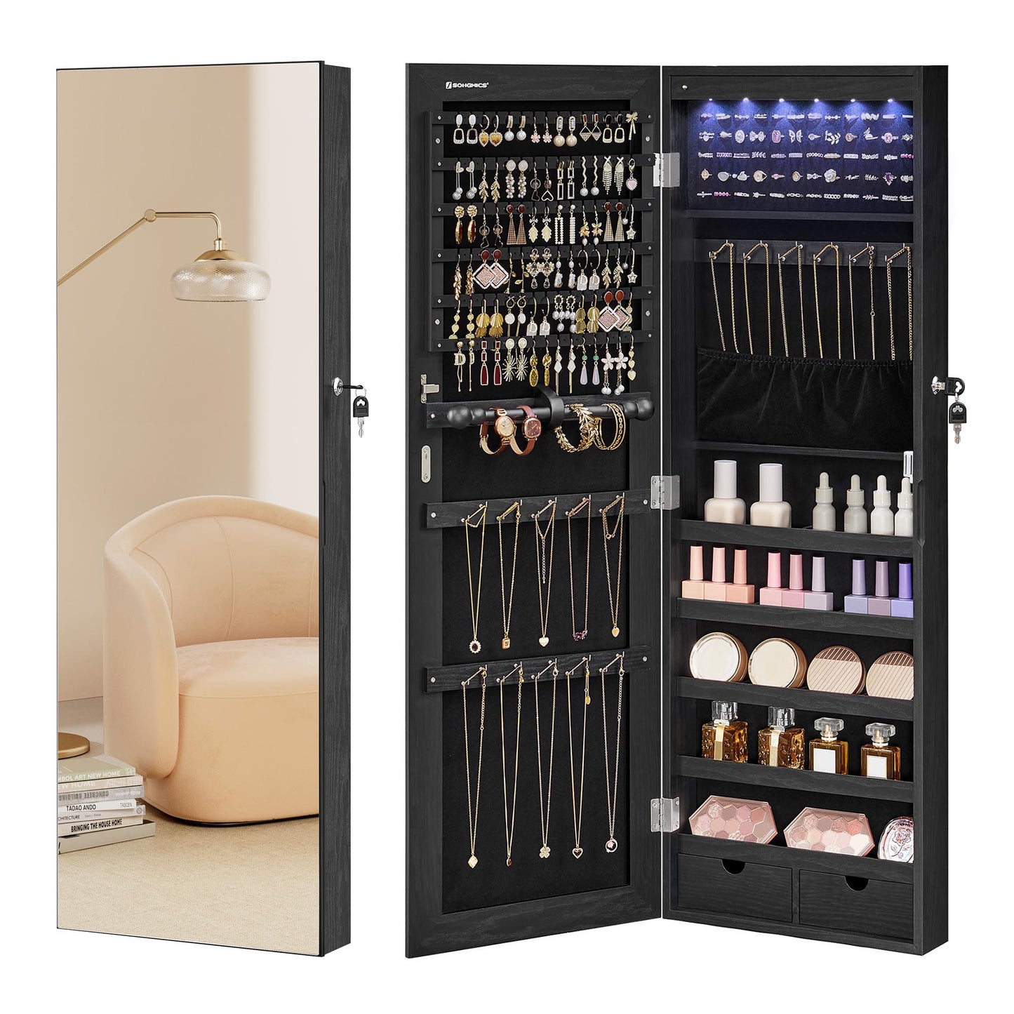 Hanging Jewelry Cabinet Wall-Mounted Cabinet with LED Interior Lights Door-Mounted Jewelry Organizer Full-Length Mirror Ink Black