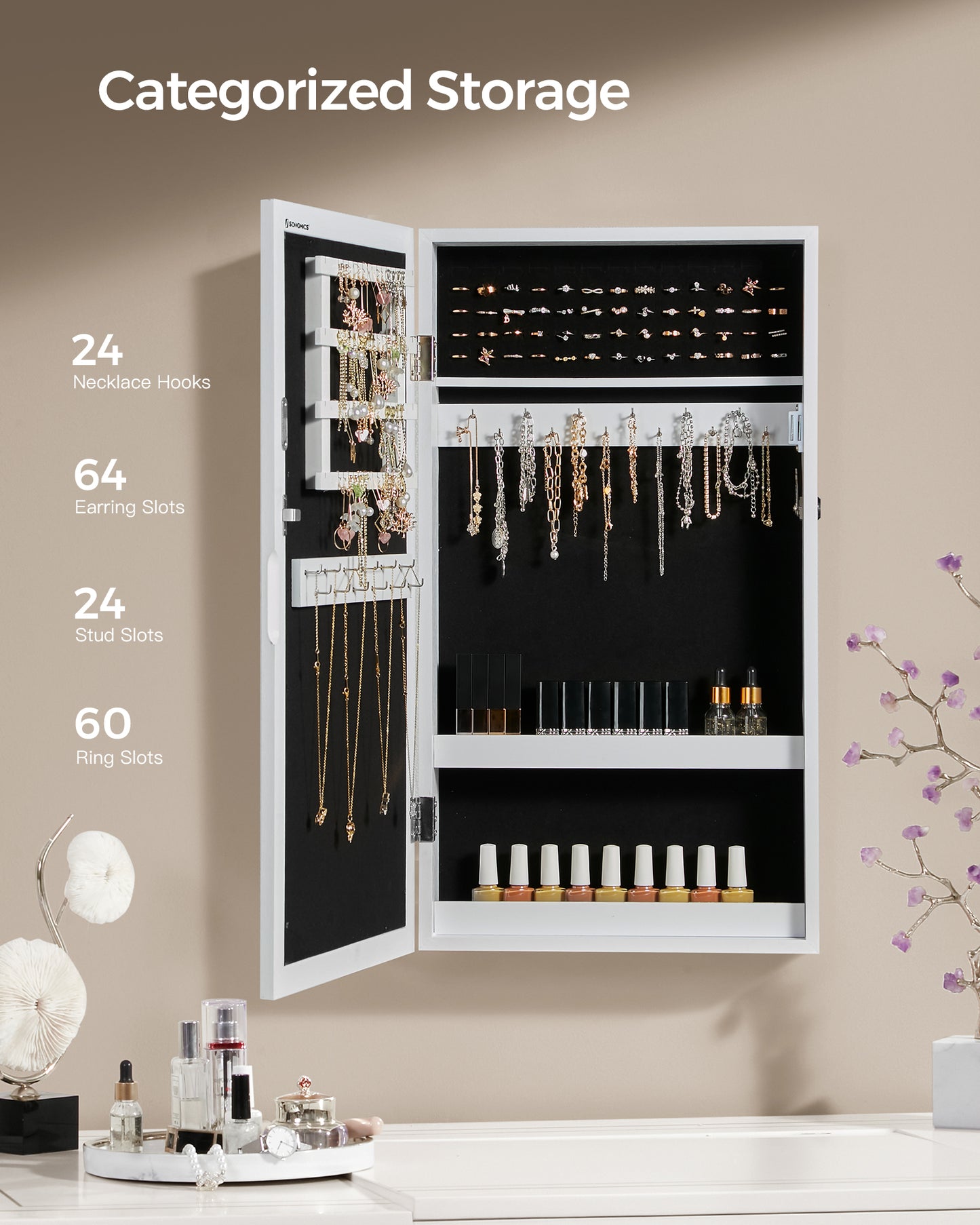 SONGMICS Jewelry Cabinet Armoire with Mirror Jewelry Storage Organizer Box Wall-Mounted Space Saving White