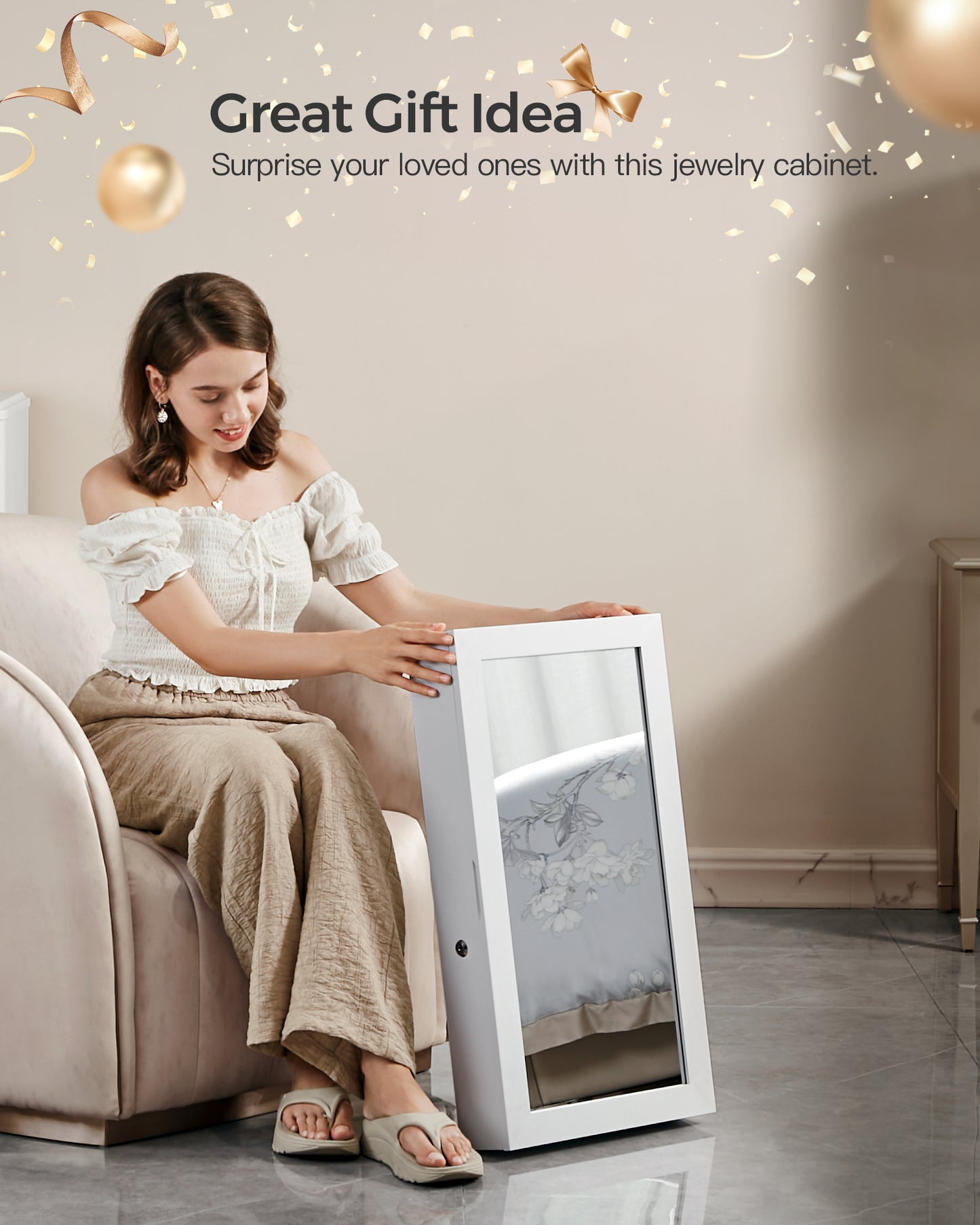 SONGMICS Jewelry Cabinet Armoire with Mirror Jewelry Storage Organizer Box Wall-Mounted Space Saving White