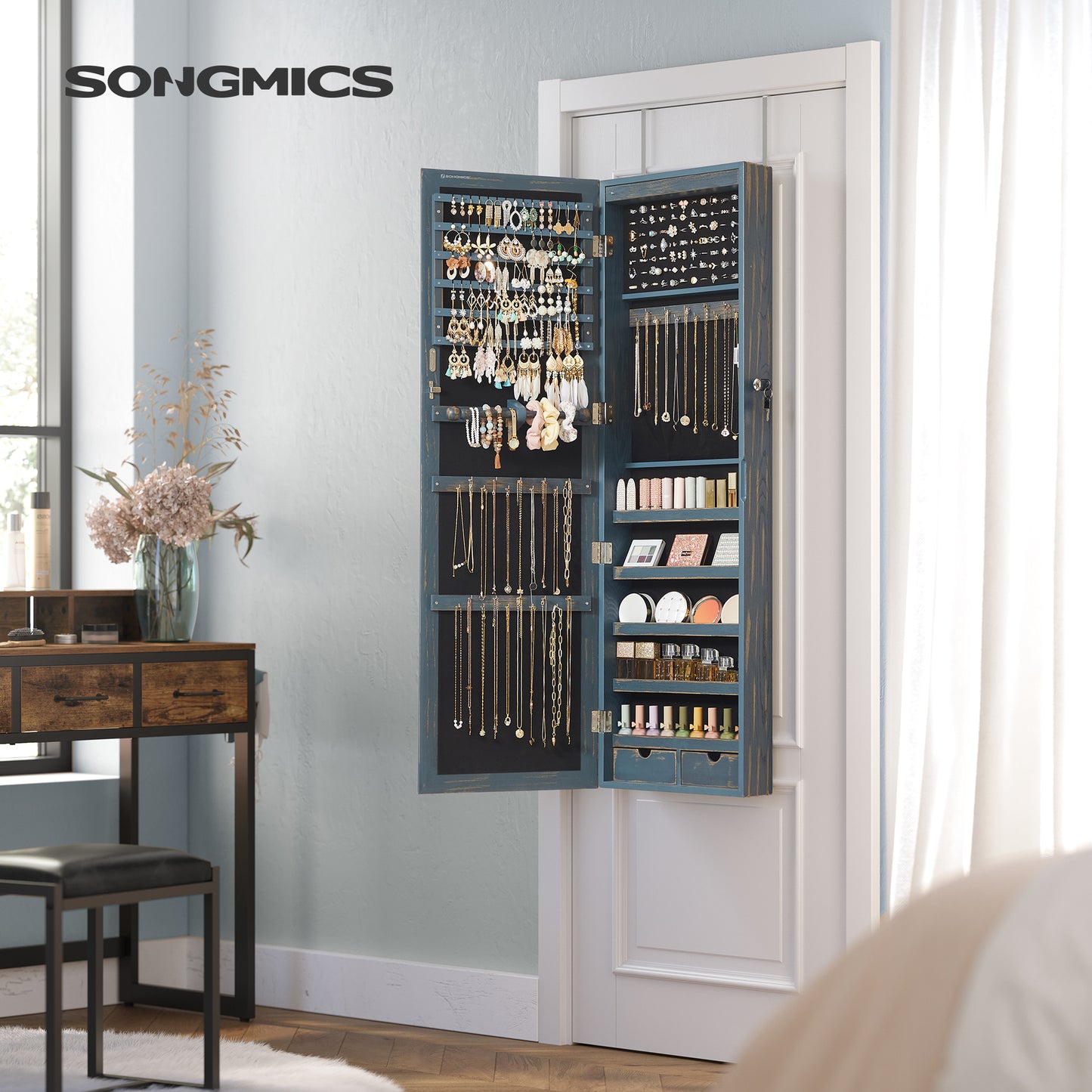 SONGMICS 6 LEDs Mirror Jewelry Cabinet, 47.2-Inch Tall Wall/Door Mounted Jewelry Armoire Organizer Rustic Blue