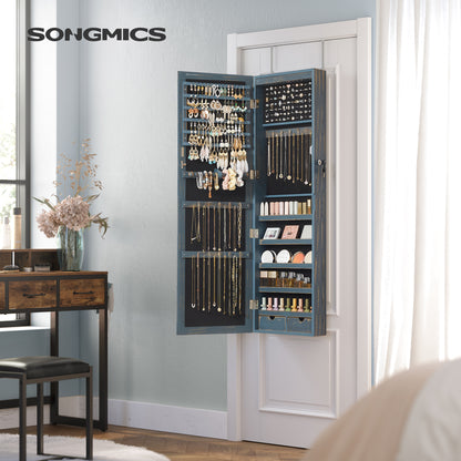 SONGMICS 6 LEDs Mirror Jewelry Cabinet, 47.2-Inch Tall Wall/Door Mounted Jewelry Armoire Organizer Rustic Blue