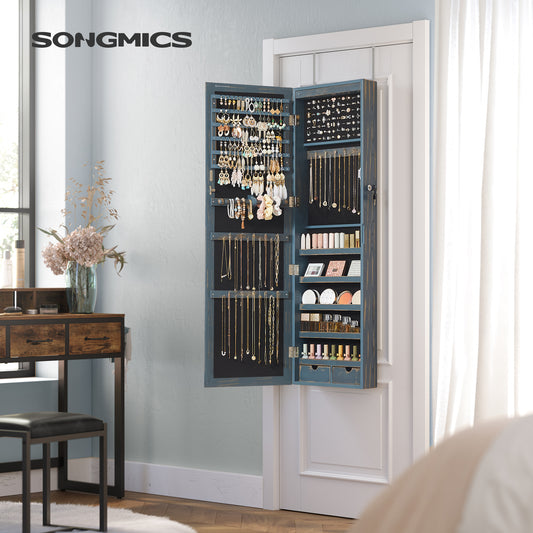 SONGMICS 6 LEDs Mirror Jewelry Cabinet, 47.2-Inch Tall Wall/Door Mounted Jewelry Armoire Organizer Rustic Blue