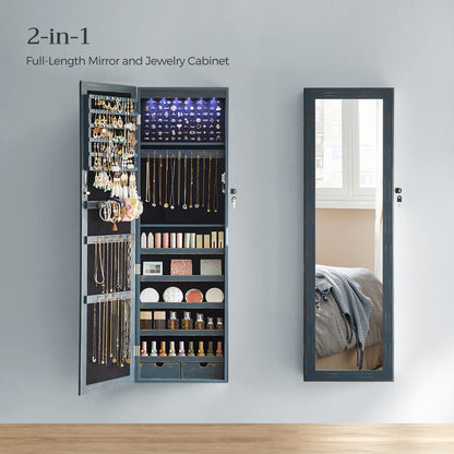 SONGMICS 6 LEDs Mirror Jewelry Cabinet, 47.2-Inch Tall Wall/Door Mounted Jewelry Armoire Organizer Rustic Blue
