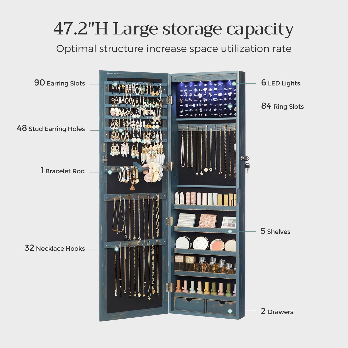 SONGMICS 6 LEDs Mirror Jewelry Cabinet, 47.2-Inch Tall Wall/Door Mounted Jewelry Armoire Organizer Rustic Blue