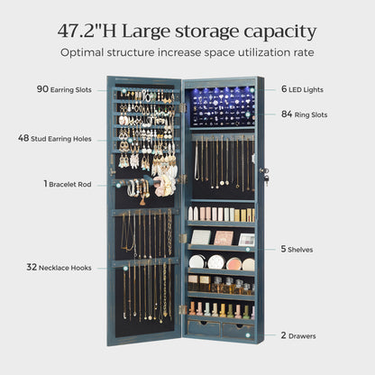 SONGMICS 6 LEDs Mirror Jewelry Cabinet, 47.2-Inch Tall Wall/Door Mounted Jewelry Armoire Organizer Rustic Blue