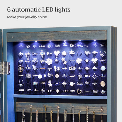 SONGMICS 6 LEDs Mirror Jewelry Cabinet, 47.2-Inch Tall Wall/Door Mounted Jewelry Armoire Organizer Rustic Blue