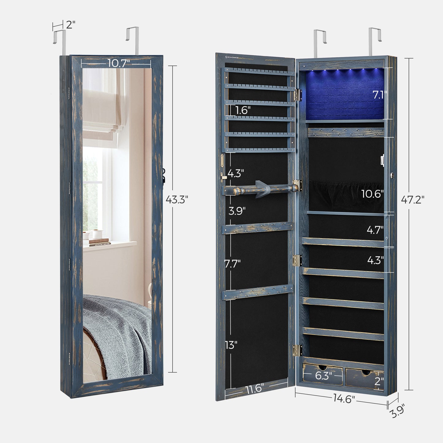 SONGMICS 6 LEDs Mirror Jewelry Cabinet, 47.2-Inch Tall Wall/Door Mounted Jewelry Armoire Organizer Rustic Blue
