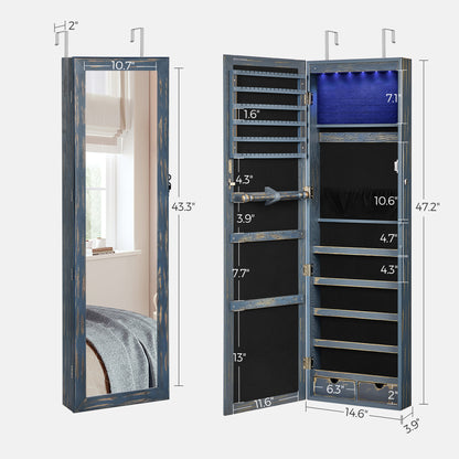 SONGMICS 6 LEDs Mirror Jewelry Cabinet, 47.2-Inch Tall Wall/Door Mounted Jewelry Armoire Organizer Rustic Blue
