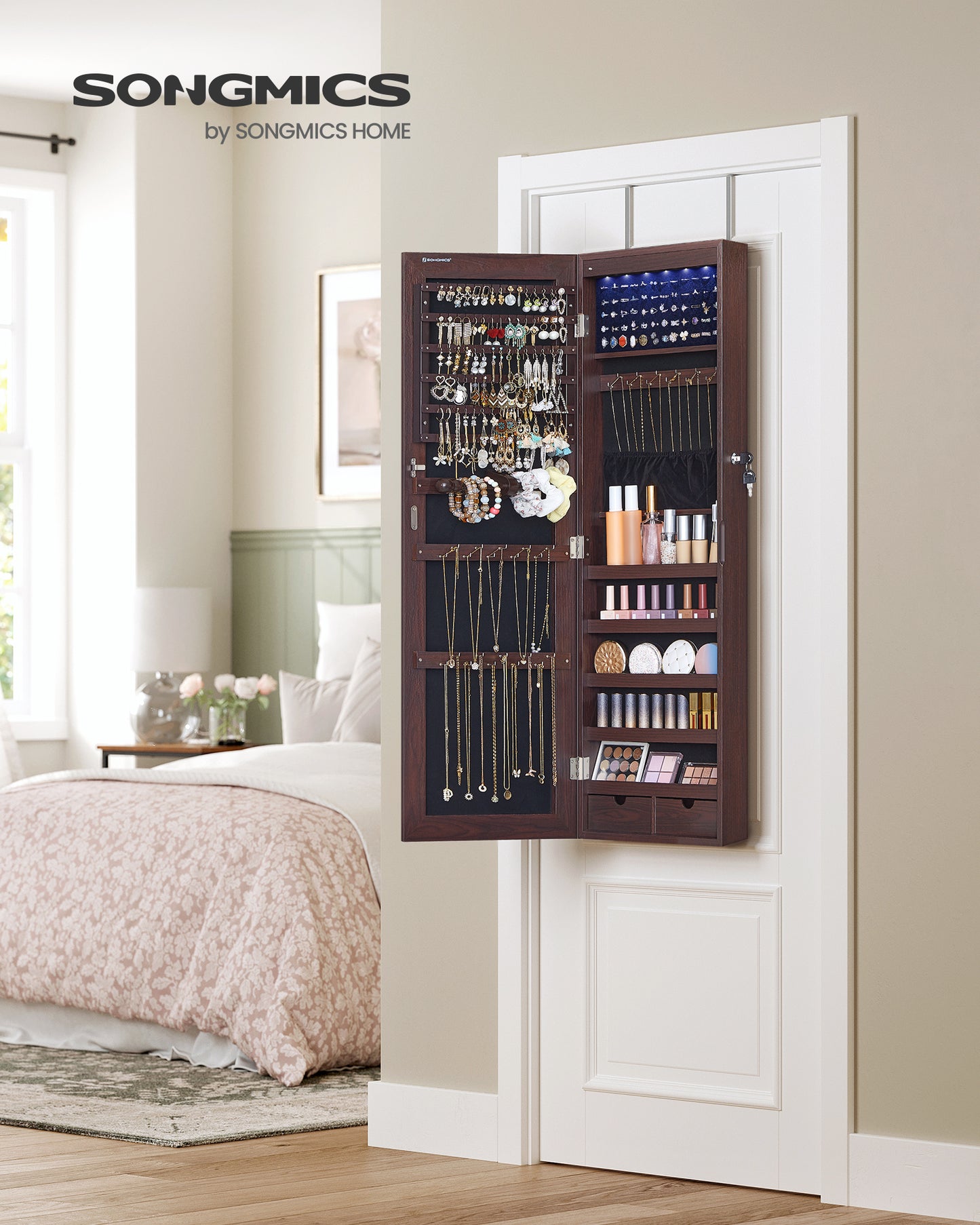 SONGMICS Mirror Jewelry Cabinet Armoire, 6 LEDs Jewelry Organizer