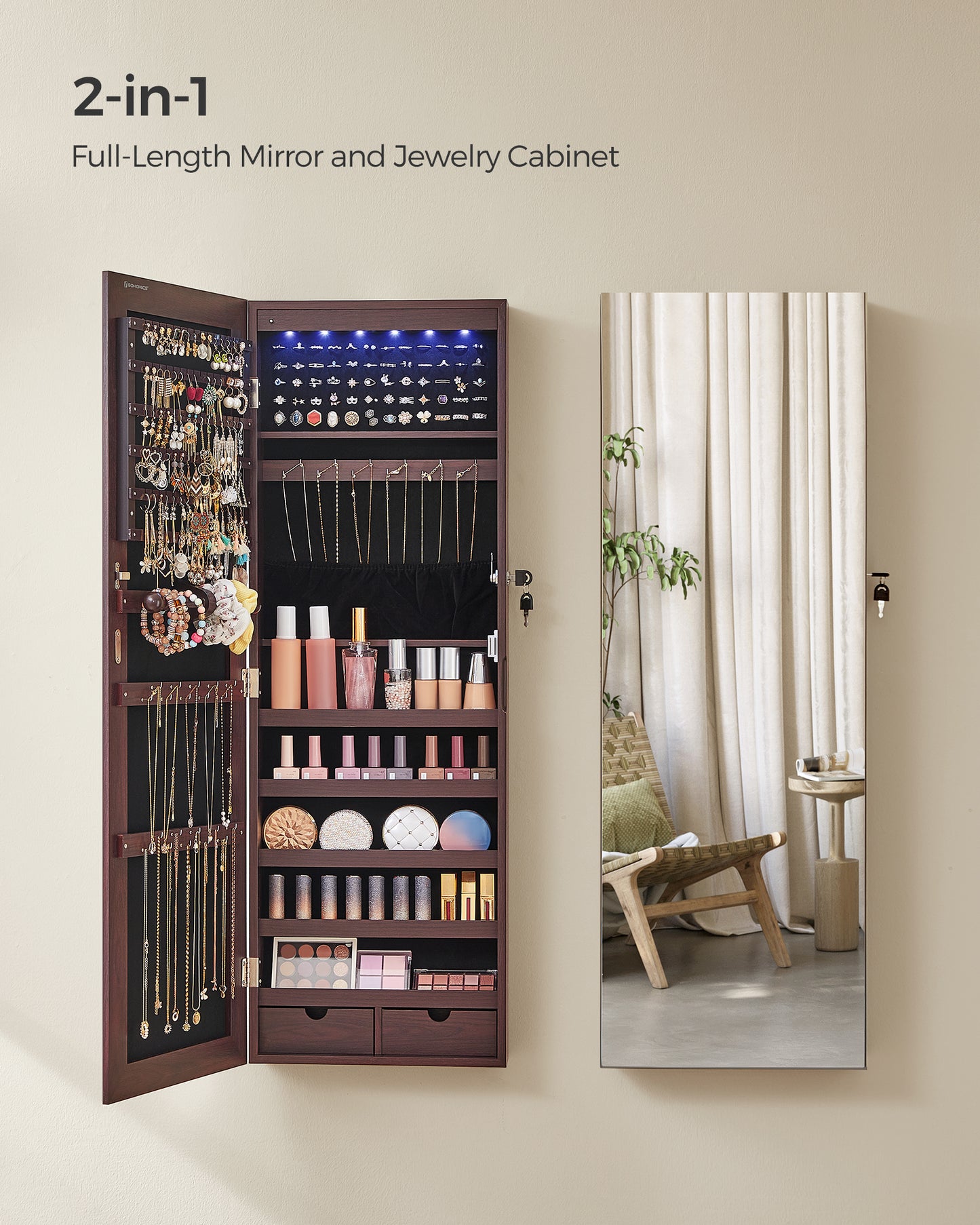 SONGMICS Mirror Jewelry Cabinet Armoire, 6 LEDs Jewelry Organizer