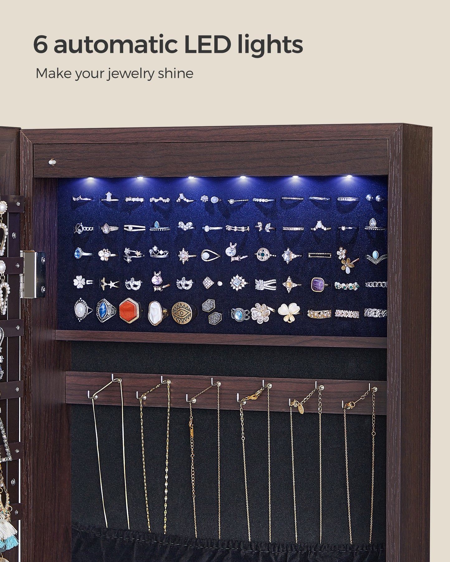 SONGMICS Mirror Jewelry Cabinet Armoire, 6 LEDs Jewelry Organizer