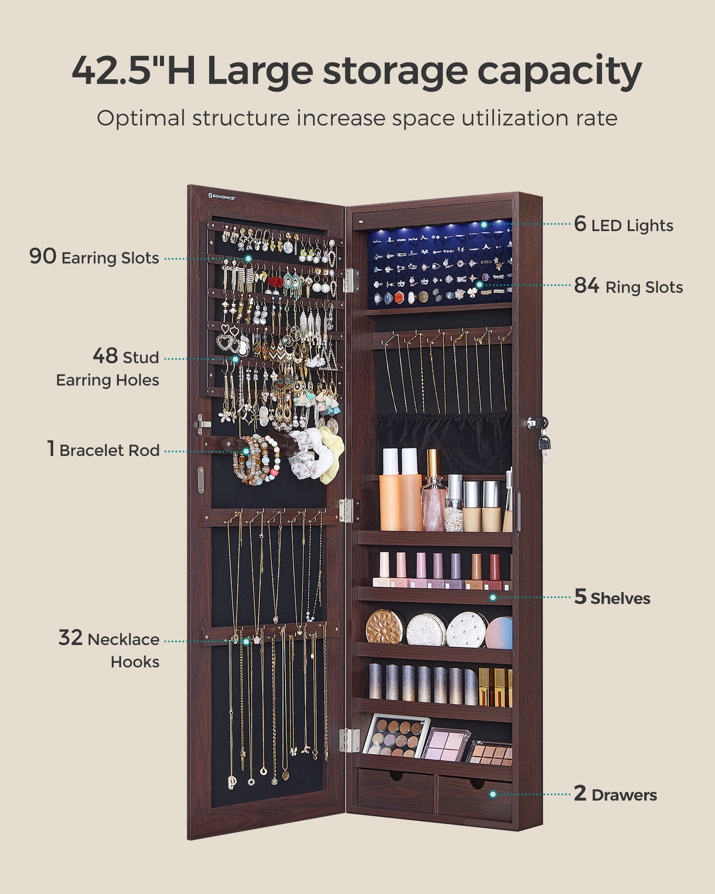 SONGMICS Mirror Jewelry Cabinet Armoire, 6 LEDs Jewelry Organizer