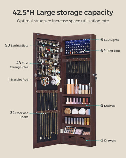 SONGMICS Mirror Jewelry Cabinet Armoire, 6 LEDs Jewelry Organizer