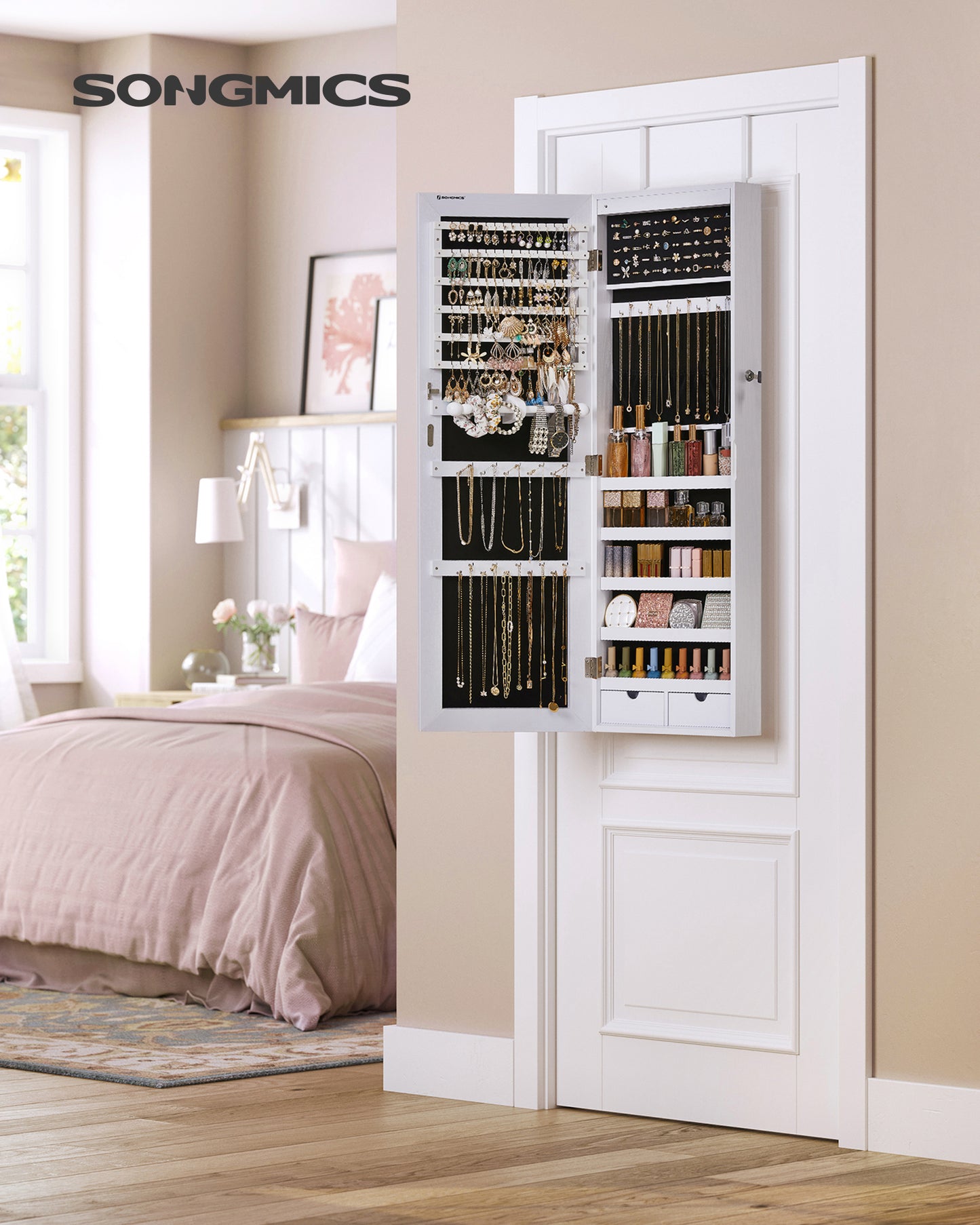 LEDREM Hanging Mirror Jewelry Cabinet Wall/Door Mounted Jewelry Armoires with LED Interior Lights Jewelry Organizer Box Holder White