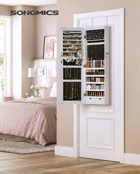 LEDREM Hanging Mirror Jewelry Cabinet Wall/Door Mounted Jewelry Armoires with LED Interior Lights Jewelry Organizer Box Holder White