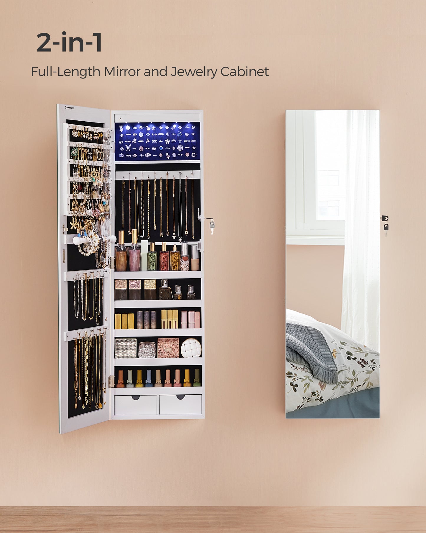 LEDREM Hanging Mirror Jewelry Cabinet Wall/Door Mounted Jewelry Armoires with LED Interior Lights Jewelry Organizer Box Holder White