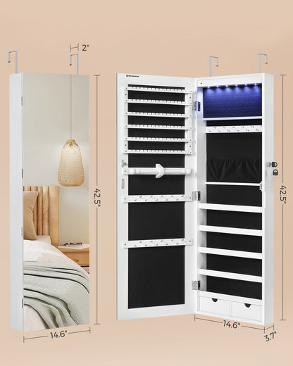 LEDREM Hanging Mirror Jewelry Cabinet Wall/Door Mounted Jewelry Armoires with LED Interior Lights Jewelry Organizer Box Holder White