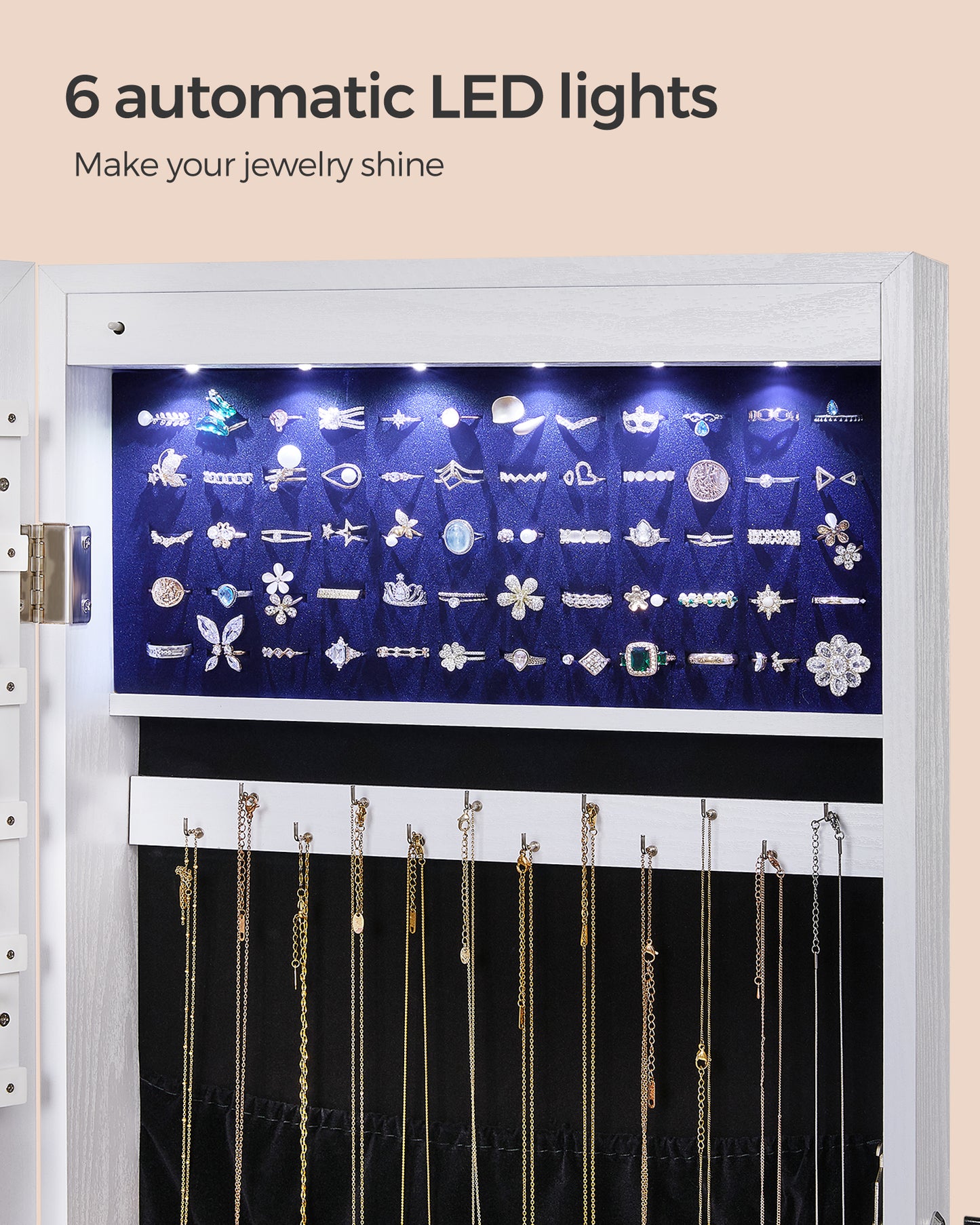 LEDREM Hanging Mirror Jewelry Cabinet Wall/Door Mounted Jewelry Armoires with LED Interior Lights Jewelry Organizer Box Holder White