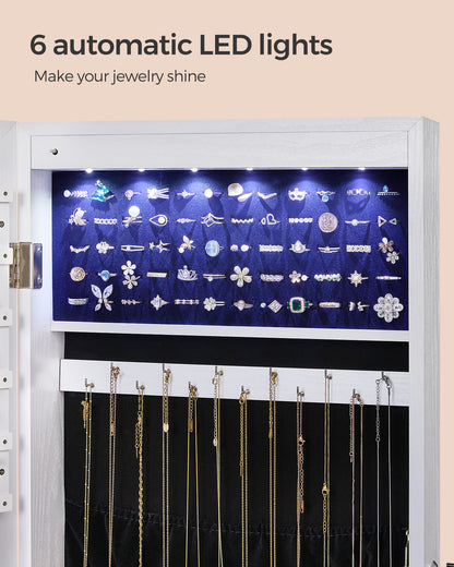 LEDREM Hanging Mirror Jewelry Cabinet Wall/Door Mounted Jewelry Armoires with LED Interior Lights Jewelry Organizer Box Holder White