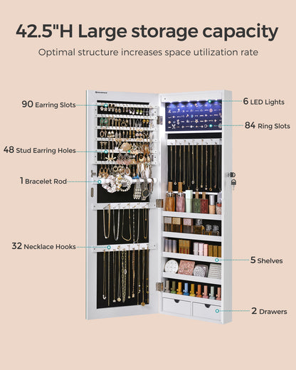 LEDREM Hanging Mirror Jewelry Cabinet Wall/Door Mounted Jewelry Armoires with LED Interior Lights Jewelry Organizer Box Holder White