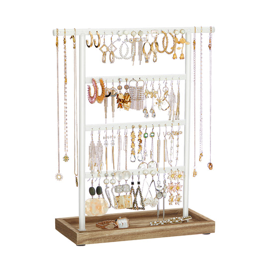 LEDREM Jewelry Organizer, 4-Tier Earring Holder Organizer Stand with Base Tray, for Studs and Necklaces, Vintage, Wood Color and White
