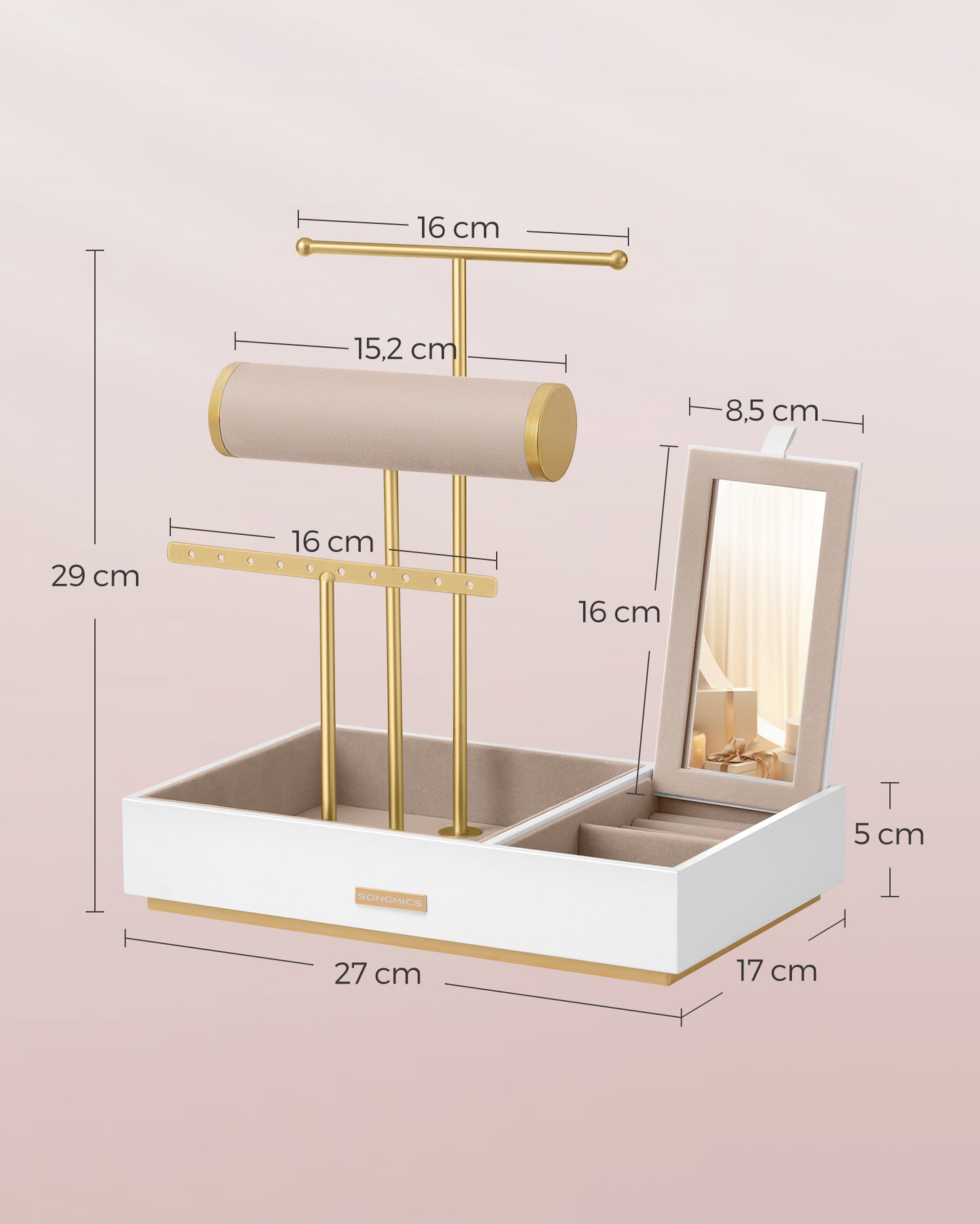 SONGMICS Jewelry Holder Organizer, Jewelry Display Stand, Metal Earring Organizer with Mirror, White