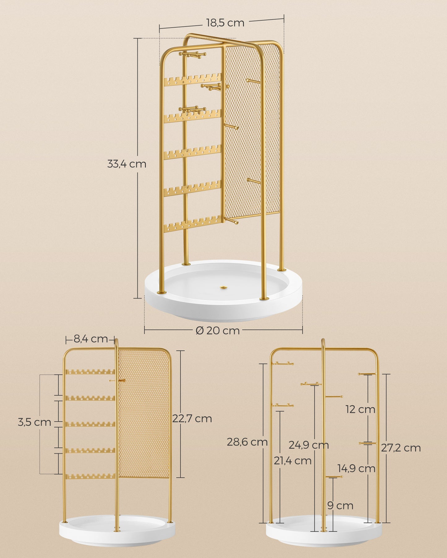 Jewelry Stand, Rotating Jewelry Display 4 Independent Sections for Home, Gold