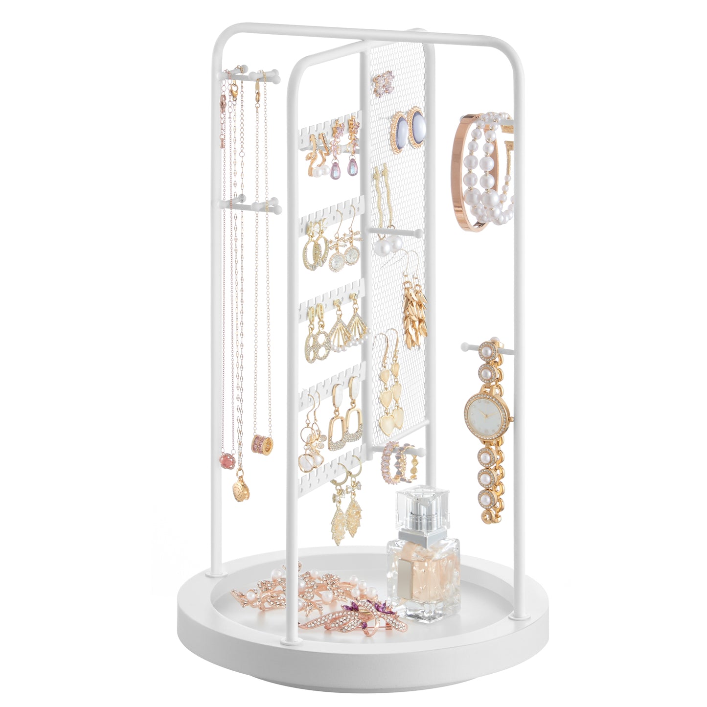 Jewelry Stand, Rotating Jewelry Display 4 Independent Sections for Home, White