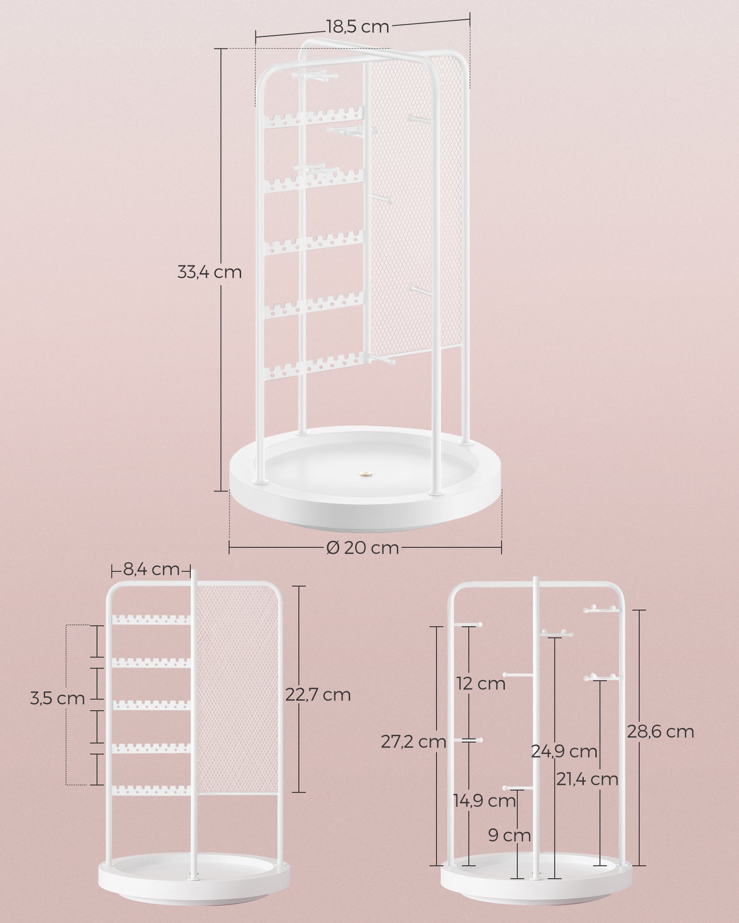 Jewelry Stand, Rotating Jewelry Display 4 Independent Sections for Home, White