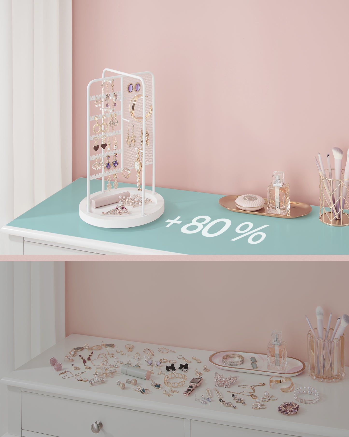 Jewelry Stand, Rotating Jewelry Display 4 Independent Sections for Home, White