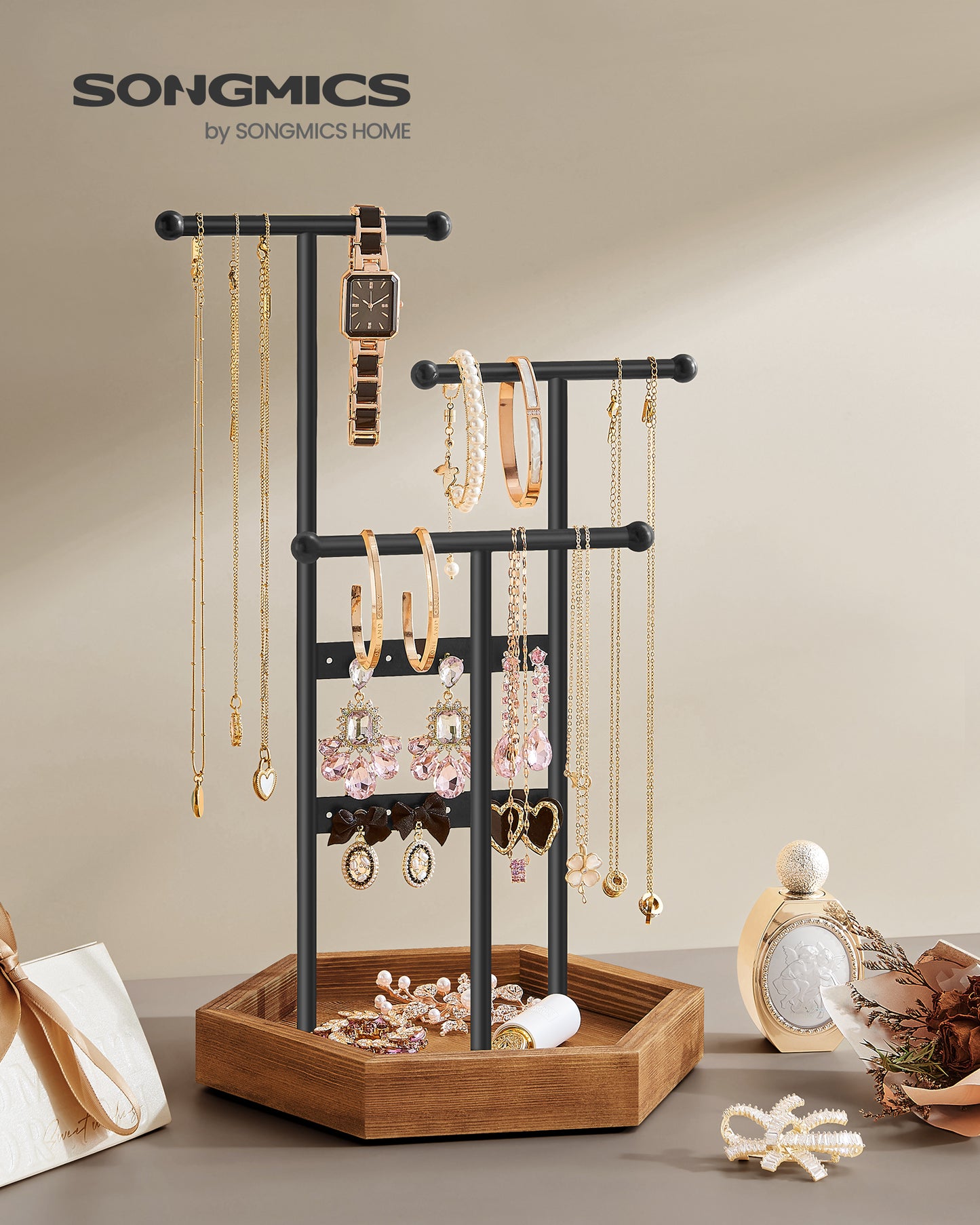 Jewelry Display Stand Holder, Metal and Wood Jewelry Tree