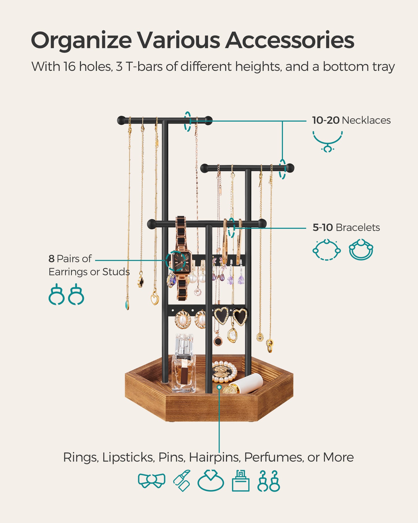 Jewelry Holder Accessory Organizer 4 Independent Zones, Black and Caramel Brown